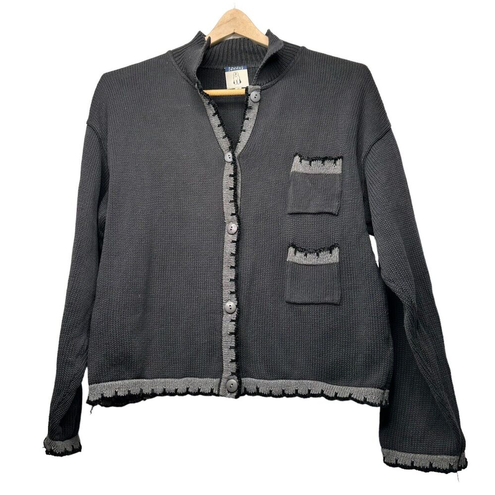 Anthropology Cousin Johnny Cardigan Womens Medium Sweater Black with Gray Trim